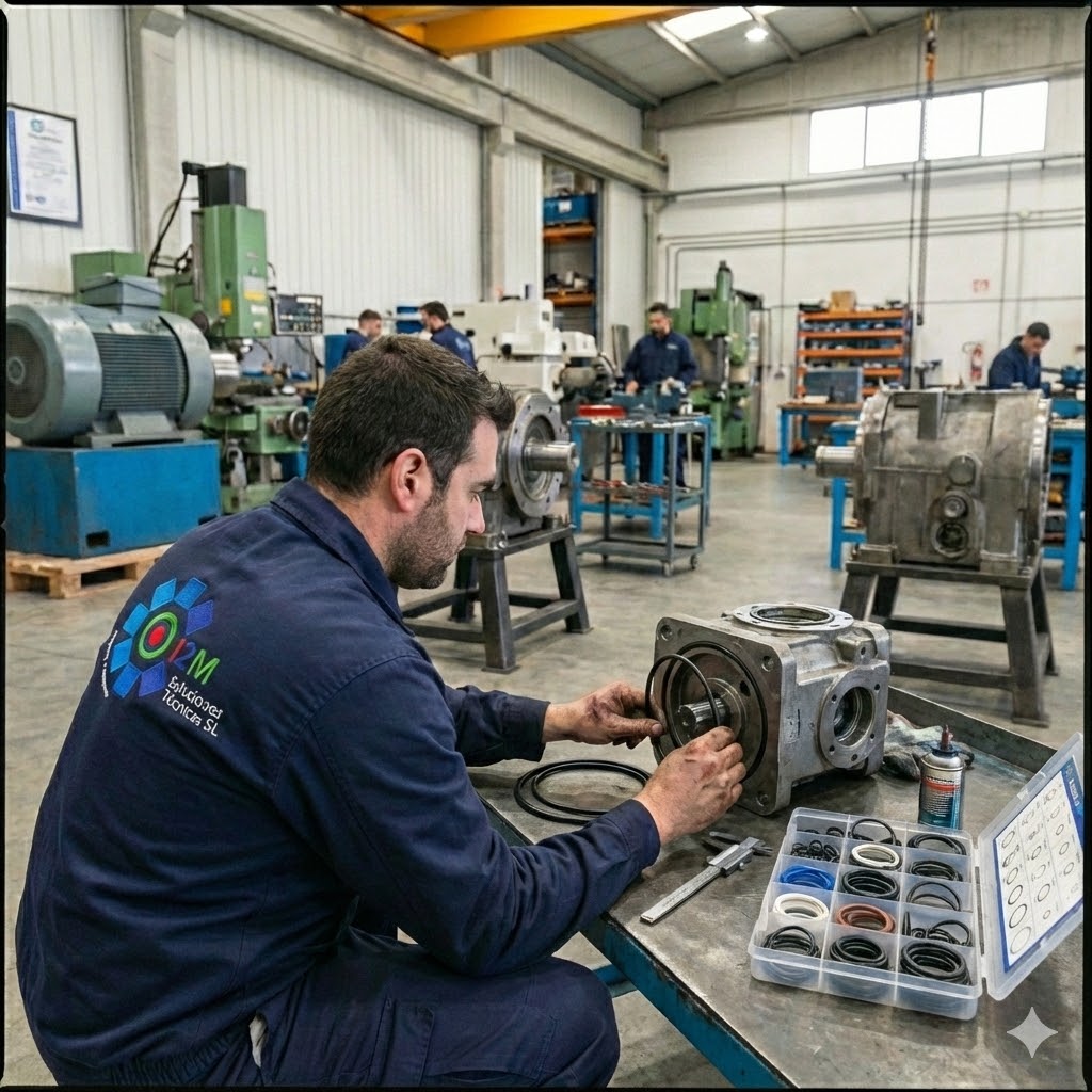 Sobre nosotros Primer plano de un componente mecánico metálico de precisión con una junta de estanqueidad roja visible, ejemplo de repuestos industriales de alta calidad.
